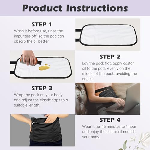 Image of 2 Pack Castor Oil Pack Wrap Organic Cotton for Liver Detox, Reusable Castor Oil Compress Highly Absorbent Anti Oil Leak, Black（Oil are Not Include