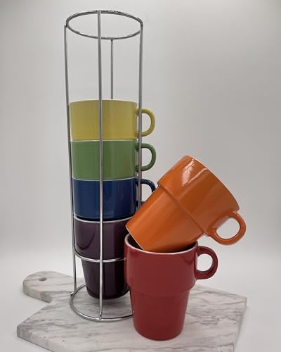 Image of gypsy color 12 oz Cappuccino Stacking Mug Set with Metal Stand, Set of 6