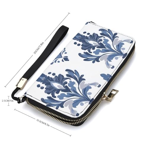 Blue White Floral Victorian Aesthetic PU Leather Clutch Long Bifold Wallet, Coin Purse Credit Pass Case, Durable Card-Holder Money Storage for Women Men2