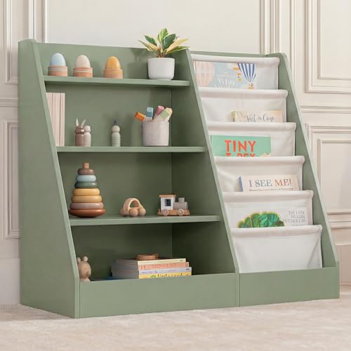 Image of Comfy Cubs Kids Bookshelf 35.2 x 15.7 x 31.5 Inches - Sturdy MDF Montessori Book Shelf with Soft & Hard Shelves for Toys & Books - Child-Friendly, Easy Access Storage Organizer for Kids - Sage
