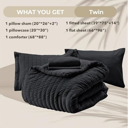 HYMOKEGE Black Twin Comforter Set Seersucker 5 Pieces, All Season Luxury Bed in a Bag for Bedroom, Bedding Set with Comforters, Sheets, Pillowcase & Sham by HYMOKEGE - Image 6