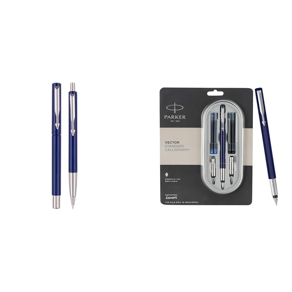 Parker - Vector Standard Roller Ball Pen + Ball Pen| Blue Body Col| Ink Col - Blue | Gift For Employees | Elite Pen For Professionals & Vector Standard Chrome Trim Calligraphy Fountain Pen | Blue ...