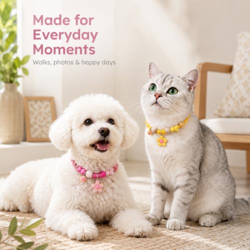 Image of Cat Collar with Bell, Adjustable Soft Fabric Kitten Collar with Quick Release Buckle, Cute Floral Charm Neck Belt for Cats, Comfortable Pet Accessories for Indoor Outdoor Use (Pink and yellow)