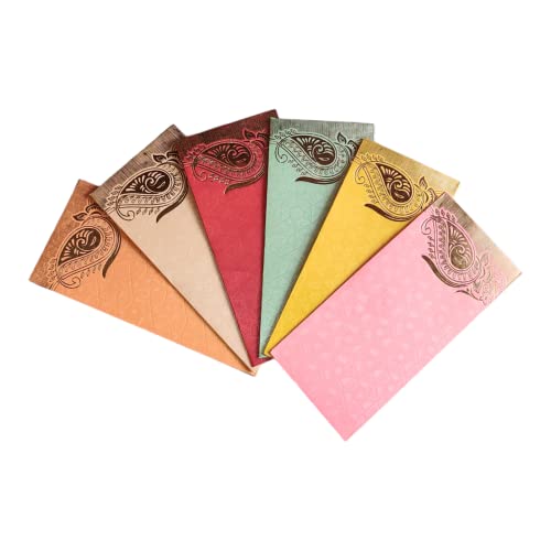 Image of Pack of 50 Matellic 6 Colours of 4 Each Randomly Picked Colourful Designer Shagun Lifafa /Money Gift Envelope with Golden Matellic Keri for Gifting Money on any occasion
