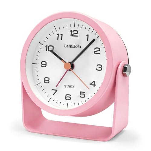 Image of Lamisola 3.5 Inch Small Desk Battery Clock, Pink Alarm Clock for Girls | Travel Clock for Bedroom Bathroom Table Shelf Bedside Cute Metal Vintage Silent Night Light Snooze for Kids Seniors