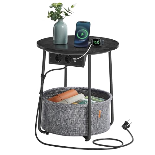VASAGLE Petite Table Basse Ronde, Table d’Appoint avec Panier en Tissu et Multiprise, Rangement, pour Salon, Chambre, Style Moderne, Noir Boisé et Gris...