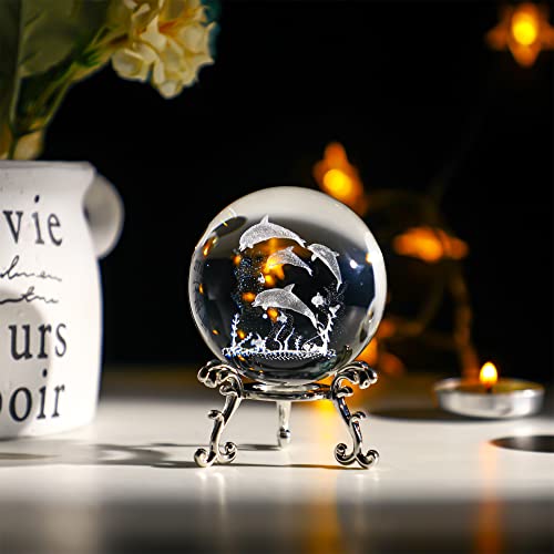 Zeershee 60Mm 3D Crystal Ball With Stand 3D Glass Laser Dolphins Ball Glass Dolphins Figurines Crystal Ball Paperweight For Kids #TOP1