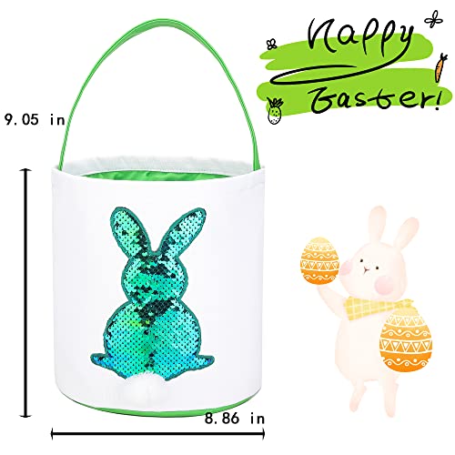 Image of Easter Baskets for Kids - Boys and Girls Easter Egg Hunt Baskets, Cute Sequin Rabbit Bunny Printed Canvas Gift Basket for Baby, Easter Decorations Party Supplies (G-Green and Pink)