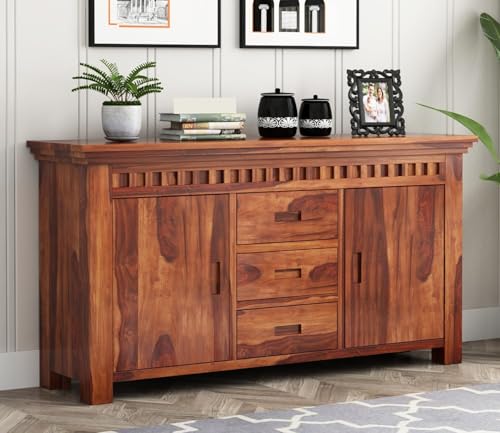 Image of Solid Sheesham Wood Natural Finish Furniture Sideboard Crockery Cabinet for Living Dining Room Console with 3 Drawer & 2 Door Storage Buffet Home Office Accent Table Kitchen Display Unit