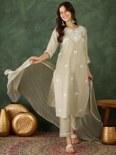 Image of Naixa Women's Cotton Blend Embroidered Straight Kurta with Pant And Dupatta Sets (NX-836)