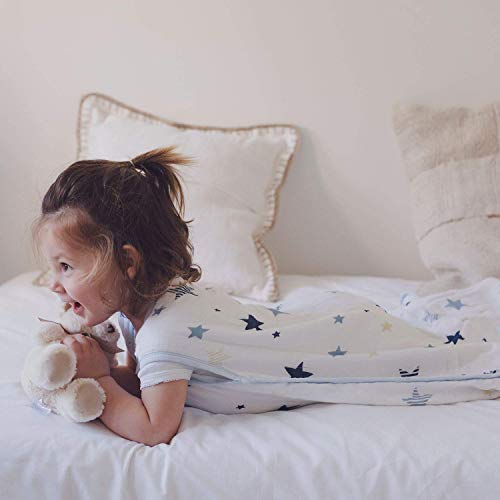 Molis & Co Premium Muslin Baby Sleeping Bag And Sack 18-36 Months, 0.5 Tog Lightweight Unisex Toddler Wearable Blanket, Blue And Beige, #TOP2