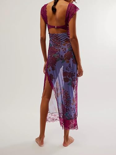 Image of Women Y2K Lace Patchwork Floral Maxi Dress Sexy Cutout V-Neck Bodycon Party Dress Slit Backless Going Out Dress (Purple, L), Large