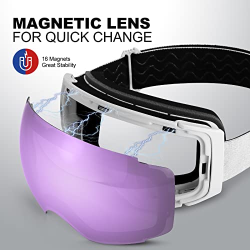 Odoland Magnetic Interchangeable Ski Goggles With 2 Lens, Large Spherical Frameless Snow Snowboard Goggles For Men Women, White Frame Purple Lens Vlt 25% #TOP1