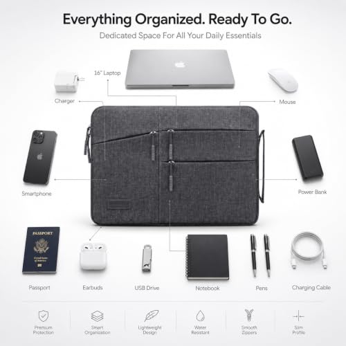 Image of MoArmouz 16 inch Laptop Sleeve Case for Men & Women, Water Resistant Laptop Bag with Handle & Accessory Pockets, Protective Briefcase for MacBook Pro, MacBook Air & Laptops, Grey