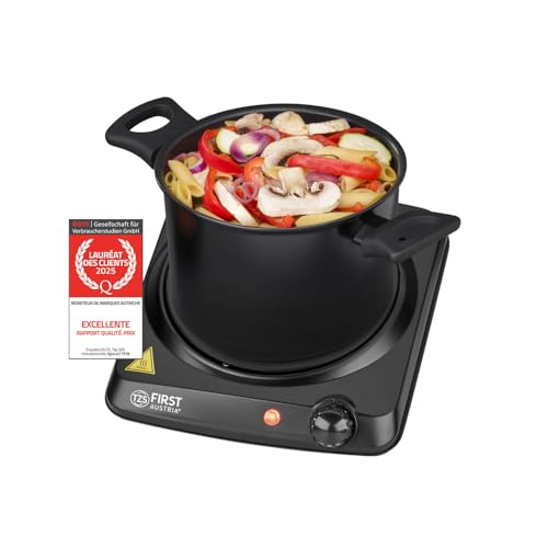 TZS First Austria Plaque Électrique avec 2 Poignées, 2000W, Noir, Électrique – Plaque de Cuisson Vitrocéramique avec Infrarouge, 0 à 300°C en 30 secondes, Diamètre de 17,5cm, pour Camping
