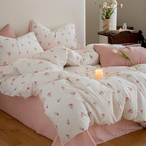 Lanqinglv Bettwäsche 135x200 Weiß Rosa Tulpen Blumenmuster aus Microfaser | Oeko-TEX zertifiziert Bettwäscheset für Allergiker,Bettbezug mit Reißverschluss und 1 Kissenbezug 80x80,
