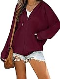 Cowasto Women Christmas Full Zip Up Hoodie Jacket Long Sleeve Solid Zipper Sweatshirt Wine Red