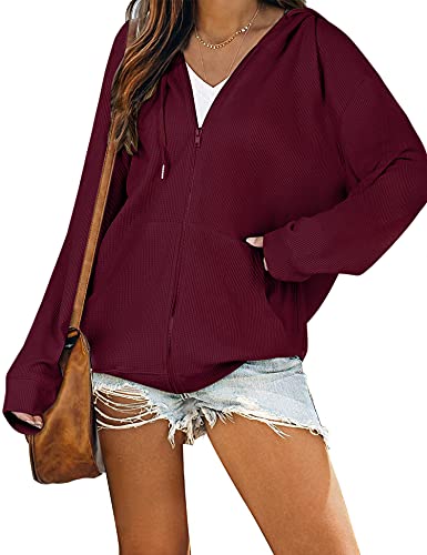 Cowasto Women Christmas Full Zip Up Hoodie Jacket Long Sleeve Solid Zipper Sweatshirt Wine Red #TOP5