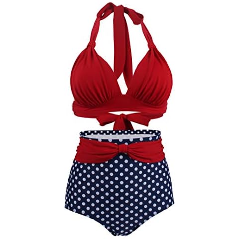 Bslingerie® Women Halter Retro High Waisted Bikini Swimsuit 2 Pcs Set (Red, S) Cover