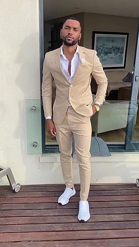 Linen Suit for Men Wedding Tuxedo Slim Fit Peak Lapel 2 Piece Groomsmen Prom Suit Blazer Pants Set2