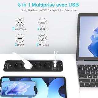 Multiprise Encastrable PD 20W 4 Prises Encastrable Plan de Travail avec 2 USB-A et 2 Type-C Multiprise Prise de Table avec Interrupteur 4000W 16A Rallonge pour Multiple Outlet, Noir, Câble 2m