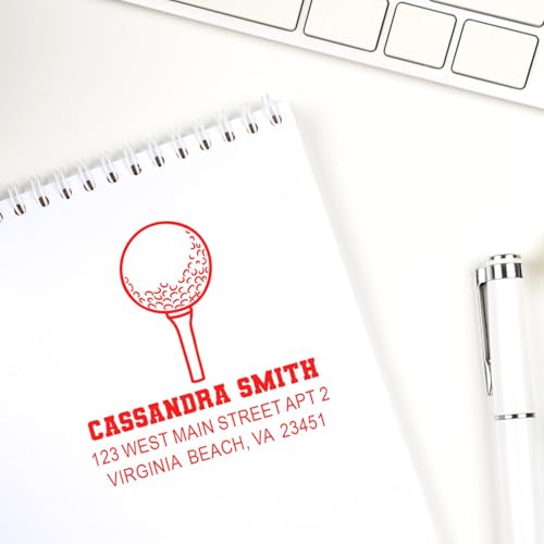 Image of Golf Tee Self-Inking Address Stamper - Custom Stationery Marking | Choice of 11 ink colors. Golf Fan Stamp. Office Address Stamper. Ink travels with the stamp. Press and print. Square imprint.