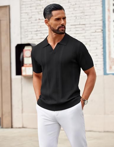 Image of COOFANDY Mens Knit Polo Shirts V Neck Textured Polo Shirts Short Sleeve Breathable Polo Casual Collared T Shirt Fashion Tops