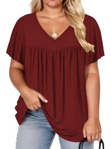 VISLILY Womens-Plus-Size-Summer-Tops 2025 Pleated V Neck T Shirts Short Sleeve Blouses Ruffle Flowy Tunics XL-5XL