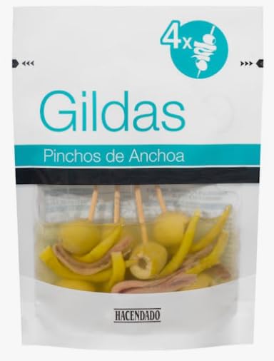 Hacendado Gildas, Brochettes d'Olives, Anchois et Piments à l'Huile de Tournesol, 125g PACK4, Produit d'Espagne, Conservation Entre 3-10°C