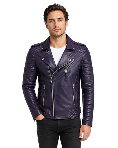 Image of Fashion_First Men's Brando Motorcycle Leather Jacket Classic Purple Quilted Biker Genuine Leather Outerwear