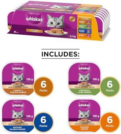 WHISKAS Salmon and Poultry Selections, Turkey, Chicken, and Savoury Salmon Dinner, Adult Wet Cat Food Paté in Natural Juices, 100g (24 Pack) - 1