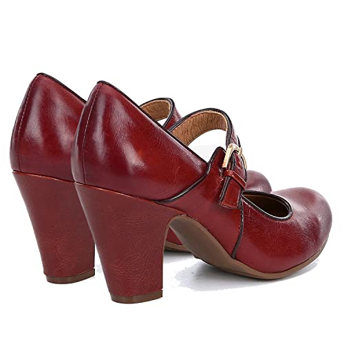 Image of SHODENSE Women Vintage Chunky High Heel Mary Jane Shoes Round Closed Toe Ankle Strap Dress Sandals 3 inch Block Heels Mary Jane Lolita Pumps Two-Toned Patchwork Buckle Office Lady Wedding Retro 4-11 M US