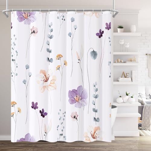 XZTXBest Purple Floral Shower Curtain, Flower Bath Curtain for Bathroom, Modern Minimalist White Bathroom Curtain, Long Shower Curtain, Mildew Resistant, Weighted Hem, Fabric with 12 Hooks 180x180cm