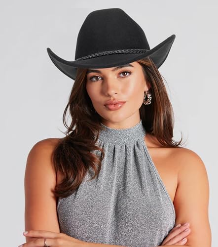 Image of Classic-Western-Cowboy-Hat Upturn-Brim Felt-Cowgirl-Hat Rodeo-Hats with Belt for Women Men (Fit for 22.4-23.2 inch)
