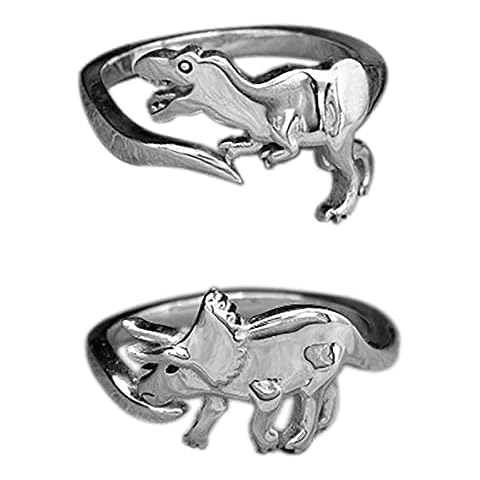 Caiyao 2Pcs Cute Dinosaur Tyrannosaurus Triceratops Ring Set 14K Silver Plated Lovely Opening Adjustable Polished Animal Ring for Women Men Jurassic Bar Era Dinosaur Jewelry Gift-C thick Cover