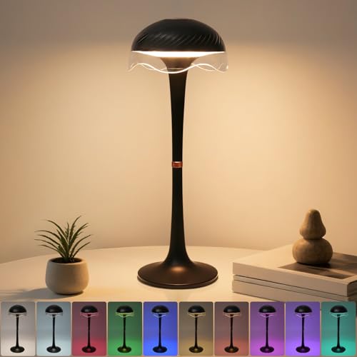 DEXULESA Lámpara de mesa inalámbrica, portátil, funciona con pilas, lámpara de control táctil con 3 colores y 7 RGB regulables, lámpara de mesa recargable para oficina en casa, cena, restaurante