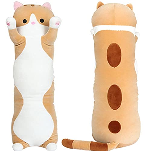 OUKEYI Peluche en forme de chat câlin de 70 cm, oreiller en peluche pour chaton, jouet, oreiller en peluche pour dormir, cadeau pour enfants (marron)