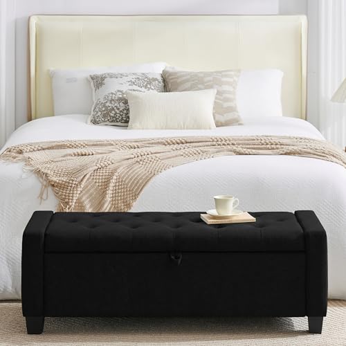 Image of Huatean Home 43 inch Ottoman with Storage, Black Storage Ottoman Bench with Safety Hinge, Upholstered Entryway Bench with Seating for Bedroom, Living Room, Holds up to 330 lb