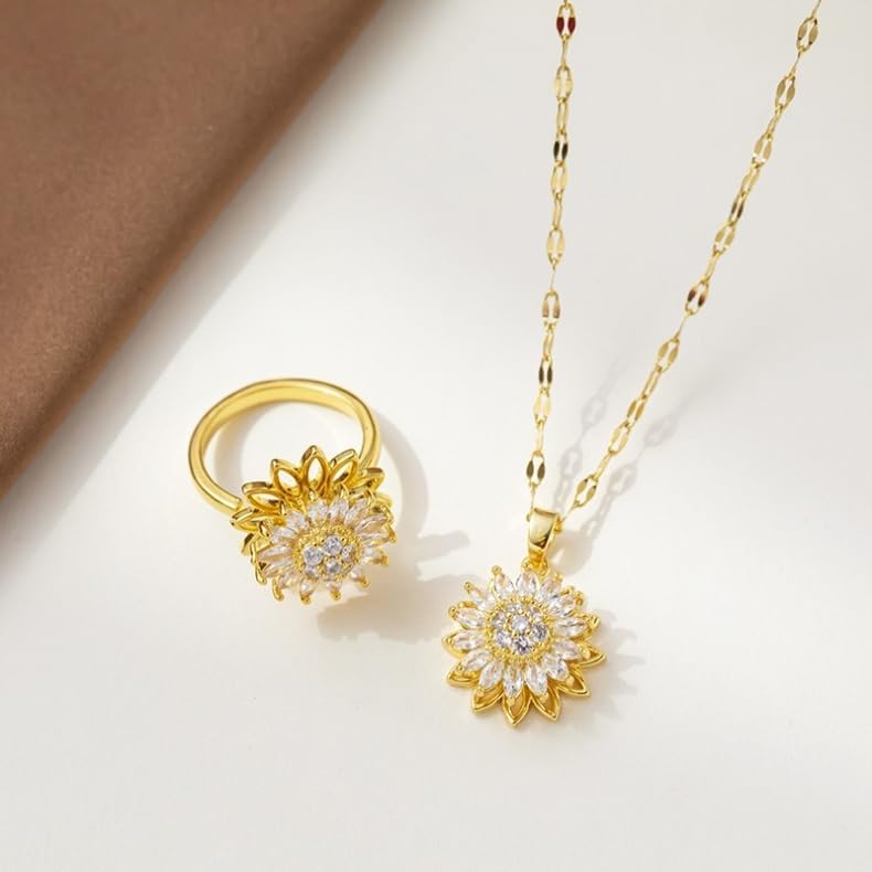 Miniatura 8 de Collar de circonita cúbica, 2 piezas, collar antiansiedad, collar de girasol, chapado en oro de 24 quilates, titanio de doble capa, collares