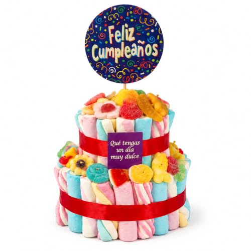 Tarta de Chuches 2 Pisos con 60 Golosinas Sin Gluten 15 x 20 cm 480 g | Surtido dulce y ácido, nubes multicolor, gominolas variadas, regalo original, cumpleaños infantiles, fiestas y celebraciones