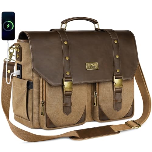 MATEIN Vintage Messenger Bag with USB Charging Port & RFID Blocking Pocket, 15.6 inch Laptop Bag Canvas PU Leather Men Briefcase, Water Resistant Computer Satchel Crossbody for Work Commuting, Brown
