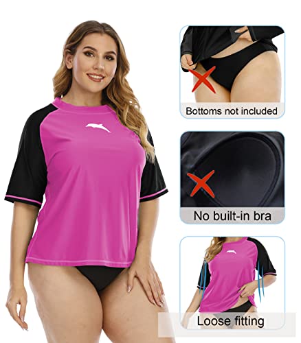Halcurt Women Plus Size Rash Guard Swim Shirt Short Sleeve Bathing Suit Shirt 2X Neon Pink/Black #TOP3