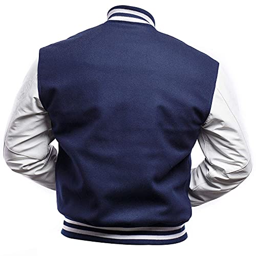 Image of Men's College High School Varsity Baseball Letterman Bomber Navy Blue & White Wool + Pu Leather Jacket