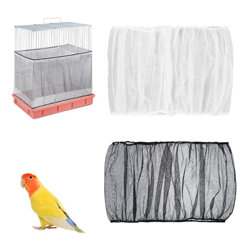 Tucnoeu Bird Cage Seed Catcher,2Pcs Adjustable Bird Cage Cover Skirt Seed Guard Universal Birdcage Net Nylon,for Parrot Cage Seed Guard White and Black (Not Include Birdcage)