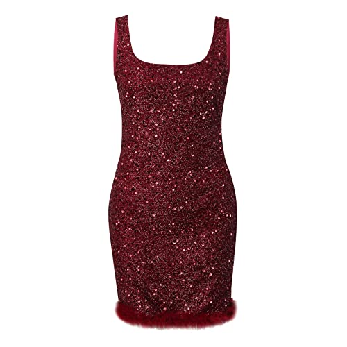 Robe paillette noir col U sans manches avec plumes à la base
