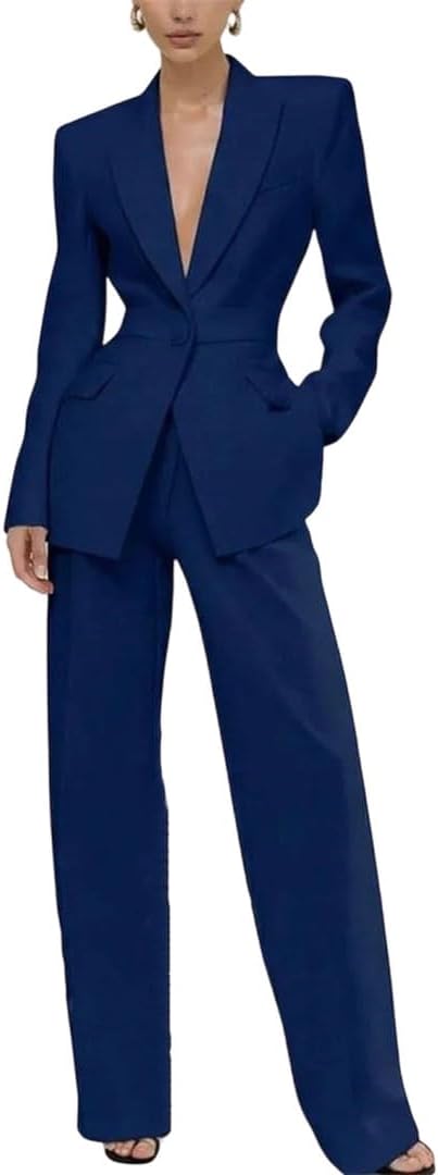 Women Peak Lapel Single Button Blazer Pants Straight Cut Solid Color Daily Formal Outfit