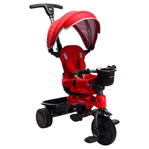 ChromeWheels 4-in-1 Kids’ Trike & Stroller, Adjustable Height Push Ride Tricycle for 9 Months - 5 Year Old,Red