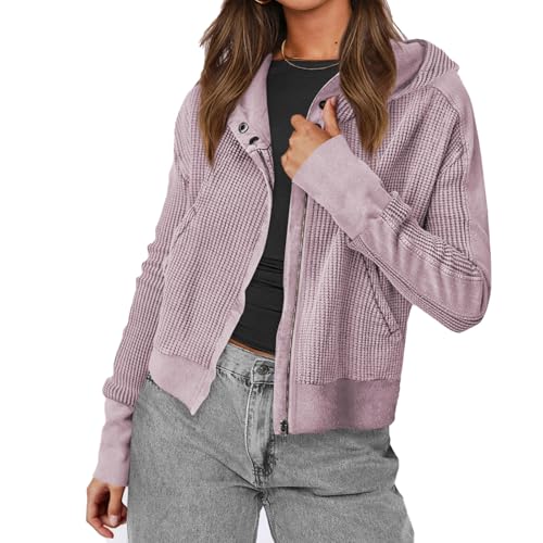 Women Waffle Knit Jacket,Zip Up Button Fashion Tops, Oversized Waffle Knit Jacket Shirts with Pockets