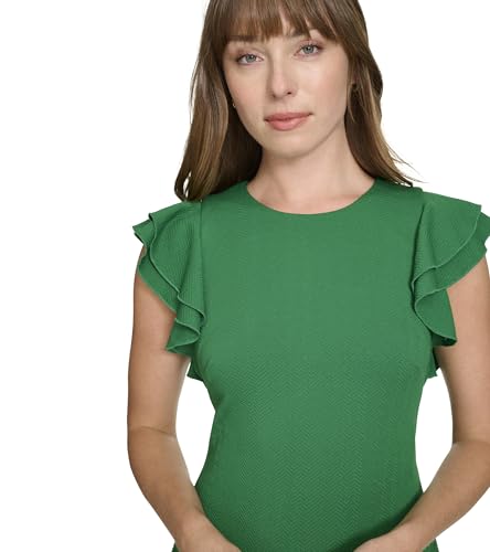 Image of Tommy Hilfiger Women's Sleeveless Ruffle Hem Jewel Neck Crepe Sheath Mini Dress
