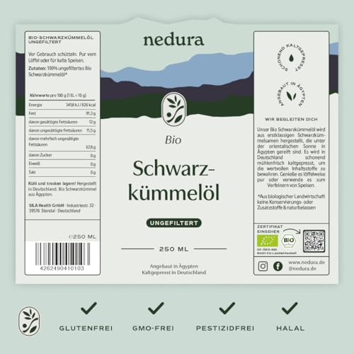 nedura® Schwarzkümmelöl BIO kaltgepresst (ungefiltert) 250ml – mit hohem Thymochinongehalt, BIO-Zertifiziert & 100% rein - täglich frisch & schonend gepresst - direkt aus eigener Manufaktur